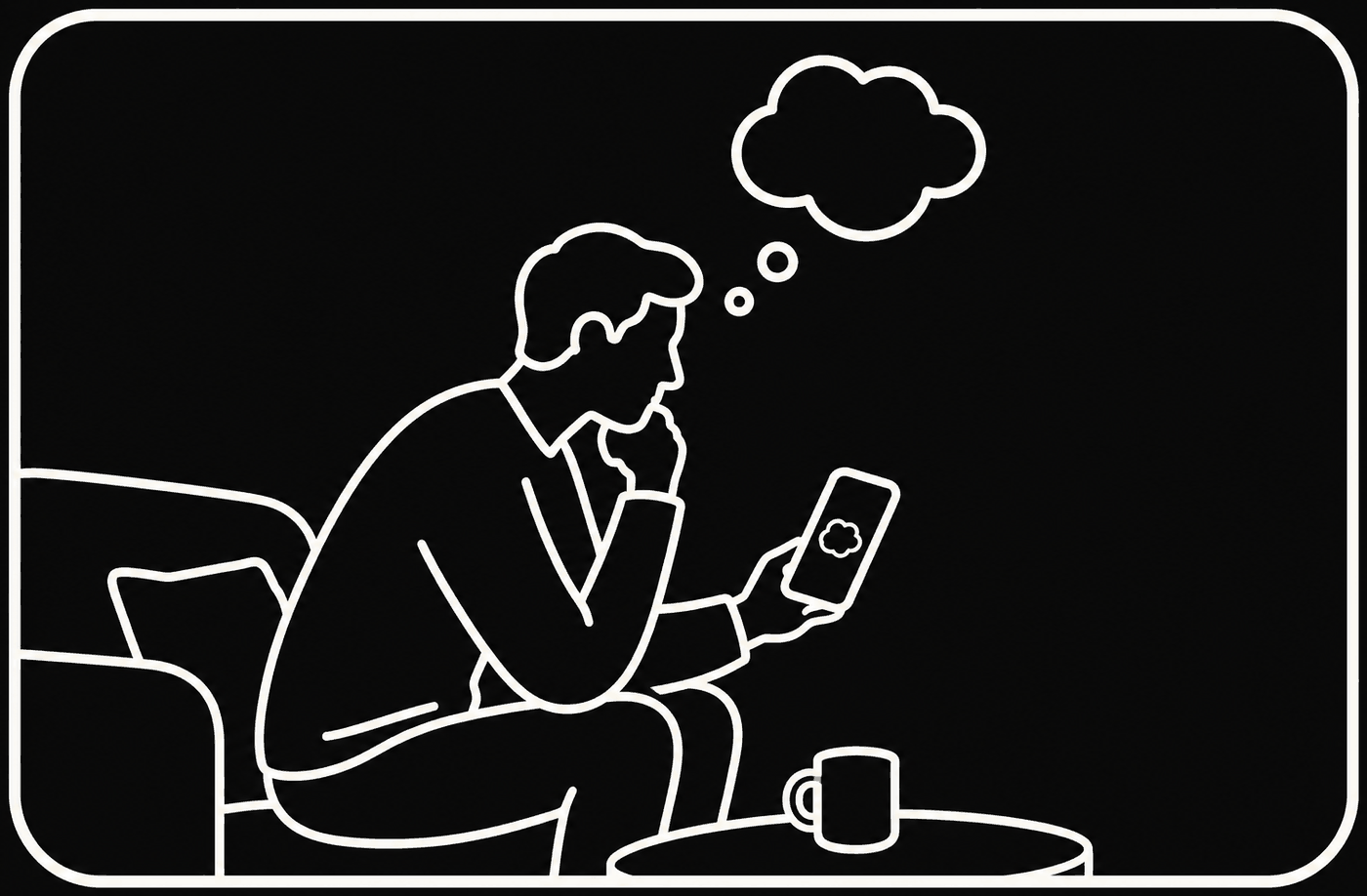 A person sitting on a couch with a cup of coffee, reading their archive on a phone, a thought forming above them.